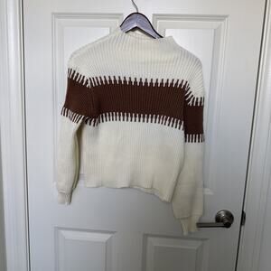 Mock Neck Pullover Sweater Ivory Mocha Brown Size S